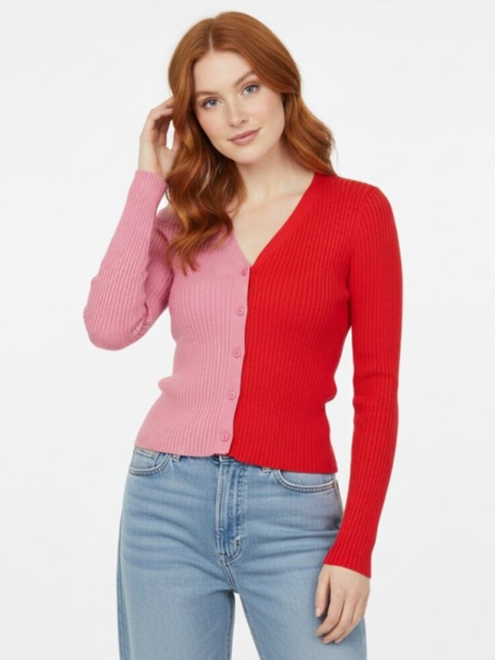 Lulus Pink & Red Colorblock Ribbed Knit Cardigan Top Size Medium